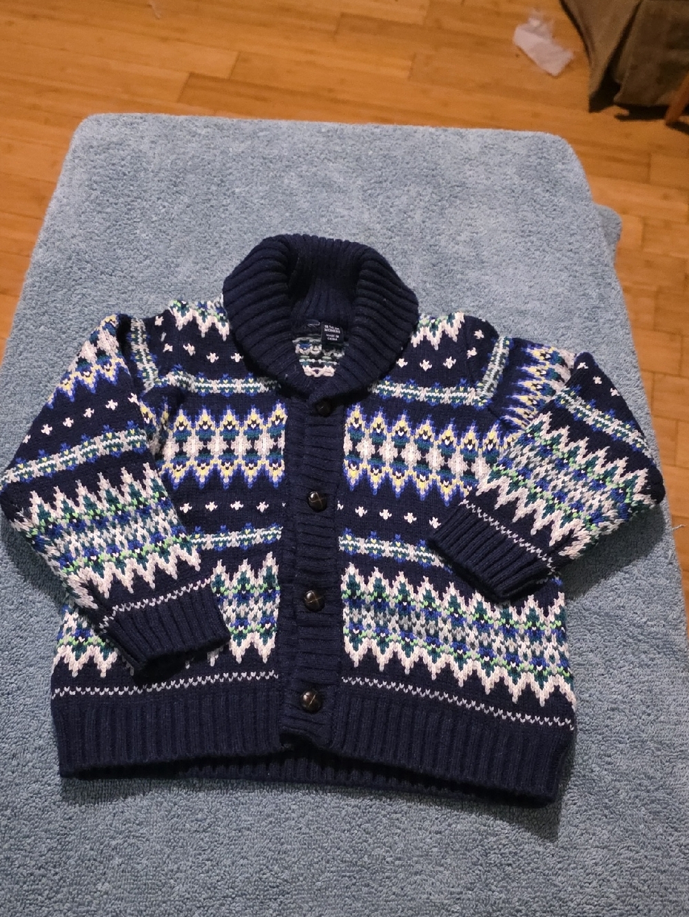 Janie and Jack Navy Fair Isle Shawl Collar Cardigan with Multicolor Accents